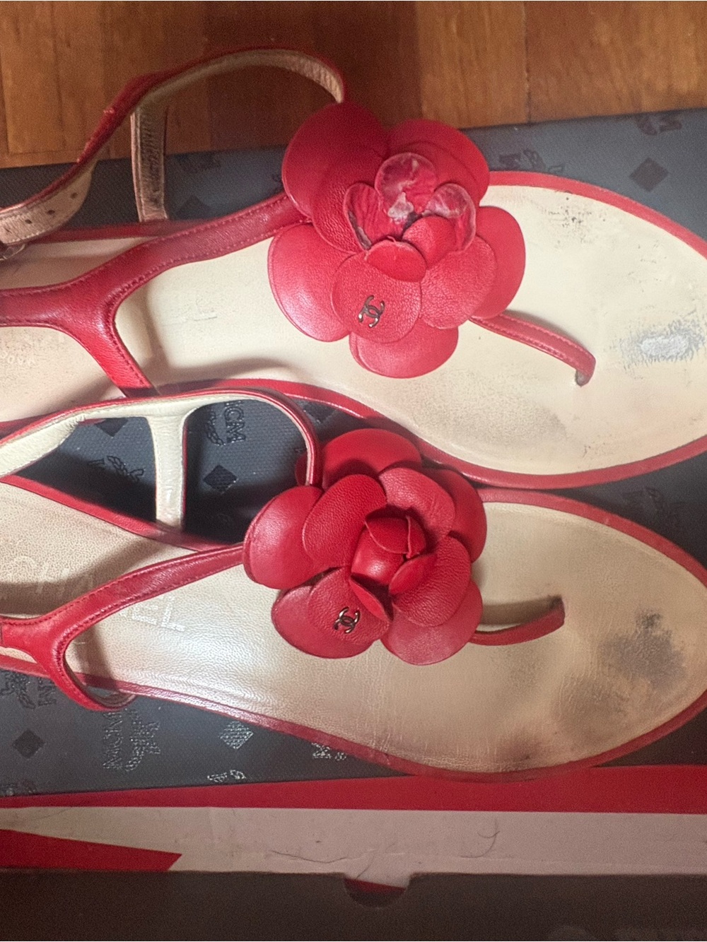 CHANEL Red Camellia Leather T-Strap Sandals